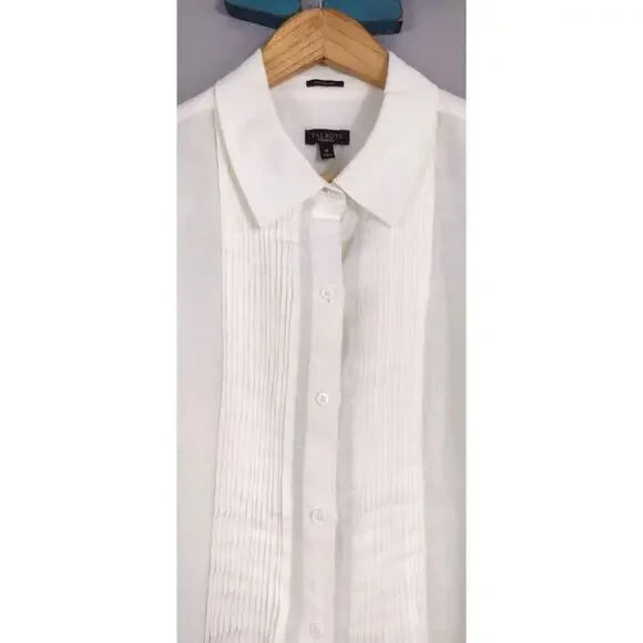 Talbots Women's Top 100% Linen Short Sleeve White Pleated Medium - Picture 4 of 11